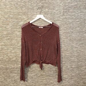 Burgundy Striped Knit Crop Top with Front Tie